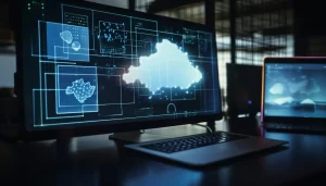 Digital cloud computing interface displayed on a desktop and laptop screen in a dimly lit workspace
