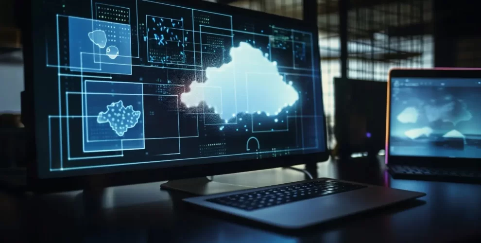 AI and Cloud Computing: A Symbiotic Relationship 1 Digital cloud computing interface displayed on a desktop and laptop screen in a dimly lit workspace