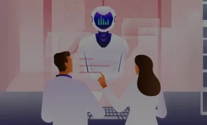 Two scientists interacting with a futuristic AI robot through a digital interface in a high-tech lab setting