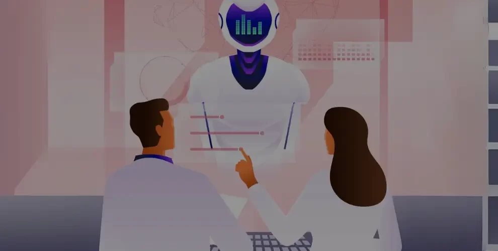 The Role of AI and Automation in Modern Recruitment and Resume Building 1 Two scientists interacting with a futuristic AI robot through a digital interface in a high-tech lab setting