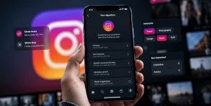 Smartphone displaying Instagram's content preference settings with options to customize recommendations, manage interests, hide unwanted topics, and control suggested content. Floating interface elements highlight personalized feed controls, content filtering, and user customization features against a blurred Instagram background.