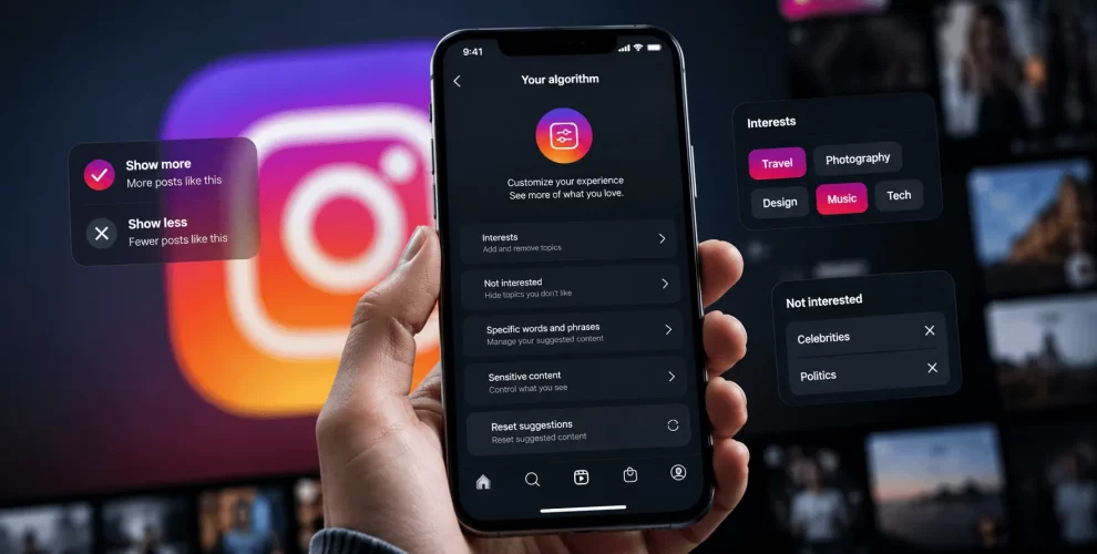 Smartphone displaying Instagram's content preference settings with options to customize recommendations, manage interests, hide unwanted topics, and control suggested content. Floating interface elements highlight personalized feed controls, content filtering, and user customization features against a blurred Instagram background.