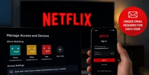 Netflix account management displayed across a TV, tablet, and smartphone, highlighting profile management, sign-in, and a new requirement for each user to have a unique email address. The illustration represents Netflix account security, user authentication, profile access, and updated login policies.