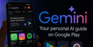 Hand holding an Android smartphone displaying the Google Play Store with Gemini AI-powered app recommendations and discovery features. A large Gemini logo in the background highlights Google's AI integration, making it easier to find apps and games through personalized recommendations and intelligent search.