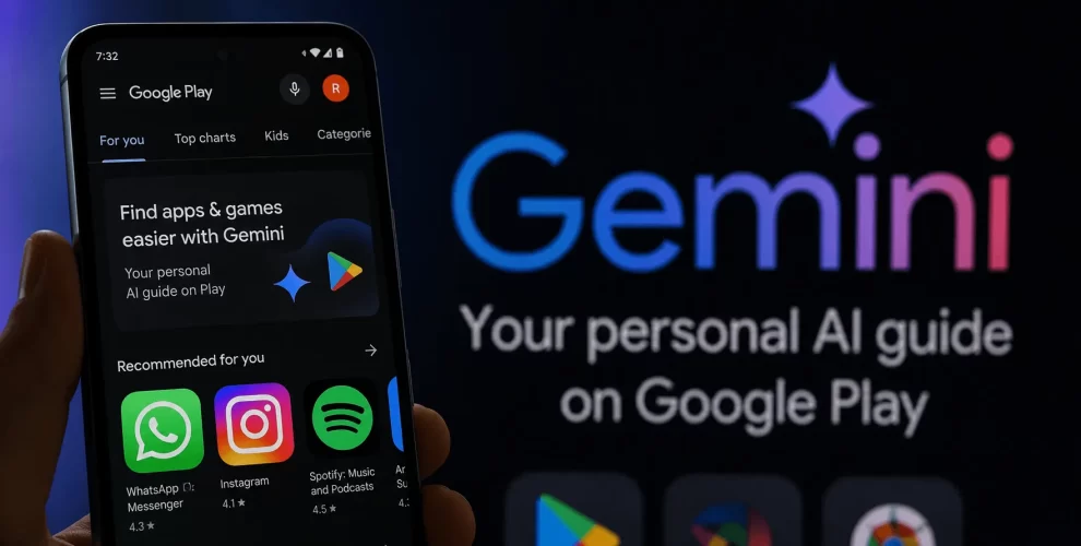 Hand holding an Android smartphone displaying the Google Play Store with Gemini AI-powered app recommendations and discovery features. A large Gemini logo in the background highlights Google's AI integration, making it easier to find apps and games through personalized recommendations and intelligent search.