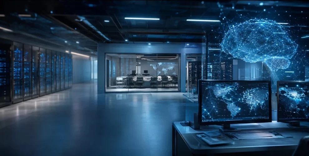 Modern AI-powered data center with rows of server racks, a glass-walled conference room, glowing world map dashboards on computer monitors, and a large holographic digital brain representing artificial intelligence, automation, cloud computing, and global network infrastructure in a futuristic enterprise environment.