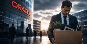 Business professional carrying a cardboard box filled with office belongings outside an Oracle corporate office, symbolizing layoffs, workforce reductions, job loss, and the impact of AI-driven restructuring in the technology industry. Dark clouds and departing employees create a somber corporate atmosphere.