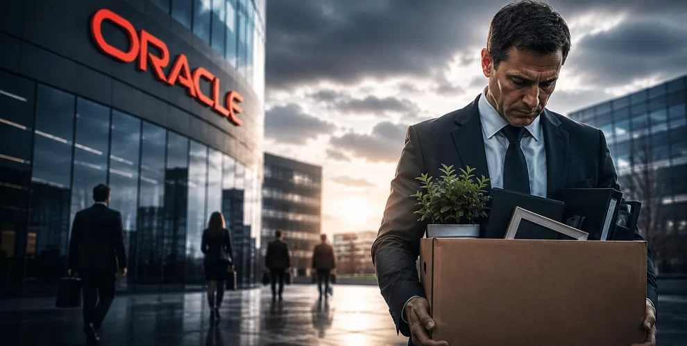 Business professional carrying a cardboard box filled with office belongings outside an Oracle corporate office, symbolizing layoffs, workforce reductions, job loss, and the impact of AI-driven restructuring in the technology industry. Dark clouds and departing employees create a somber corporate atmosphere.