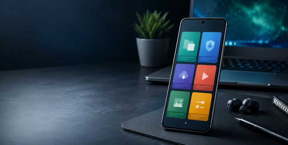 Modern Android smartphone displaying a colorful grid of app icons on a dark-themed home screen, placed on a clean workspace beside a laptop, wireless earbuds, a notebook, and a pen. The minimalist setup represents Android apps, mobile productivity, digital tools, privacy, file management, cloud storage, and modern technology.
