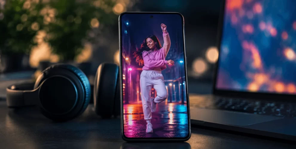 Modern Android smartphone displaying a vertical short-form video of a woman dancing at night under colorful city lights, placed on a desk beside wireless headphones and a laptop. The scene represents YouTube Shorts, mobile video streaming, social media entertainment, content creation, and digital media consumption in a stylish workspace.