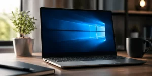 Laptop displaying the Windows 10 desktop on a clean home office desk with a notebook, coffee mug, and indoor plant. The modern workspace symbolizes Windows 10, desktop computing, software updates, cybersecurity, productivity, and Microsoft's operating system in a professional environment.
