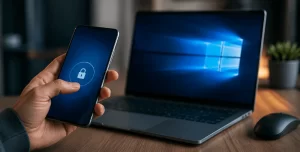 Hand holding an Android smartphone with a lock icon displayed on the screen next to a Windows laptop on a wooden desk, illustrating Android-powered PC locking, Windows security features, device authentication, wireless connectivity, and enhanced desktop protection in a modern workspace.