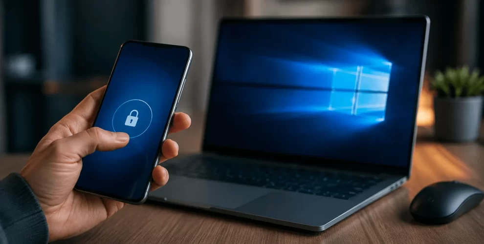 Hand holding an Android smartphone with a lock icon displayed on the screen next to a Windows laptop on a wooden desk, illustrating Android-powered PC locking, Windows security features, device authentication, wireless connectivity, and enhanced desktop protection in a modern workspace.