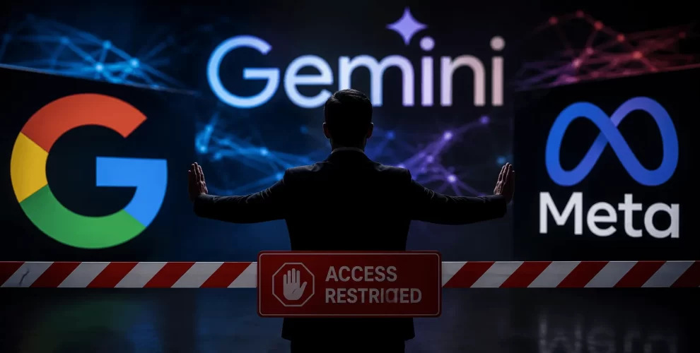 Conceptual illustration of Google's Gemini AI and Meta logos separated by an "Access Restricted" barrier, symbolizing restricted access to AI models, platform limitations, AI competition, data privacy, and technology industry policies. A silhouetted business figure stands between the two companies, emphasizing blocked integration and access control.