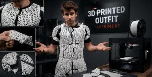 Content creator wearing a fully 3D-printed lattice outfit beside a desktop 3D printer, showcasing a wearable printing experiment. Close-up insets reveal the outfit's intricate structure and cracked, broken sections, highlighting the current limitations, durability challenges, and future potential of 3D-printed fashion technology.