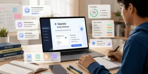 A student studying with Google Gemini Study Notebooks on a laptop, showcasing AI-powered personalized learning, progress tracking, and smart exam preparation.