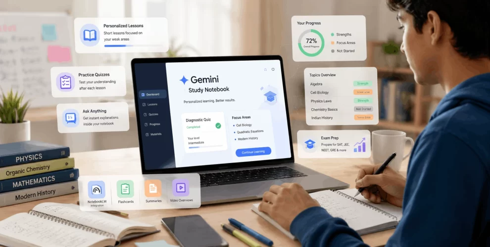 A student studying with Google Gemini Study Notebooks on a laptop, showcasing AI-powered personalized learning, progress tracking, and smart exam preparation.
