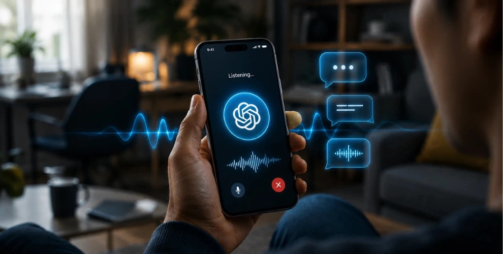 ChatGPT GPT-Live voice interface showing a natural real-time AI conversation on a smartphone.