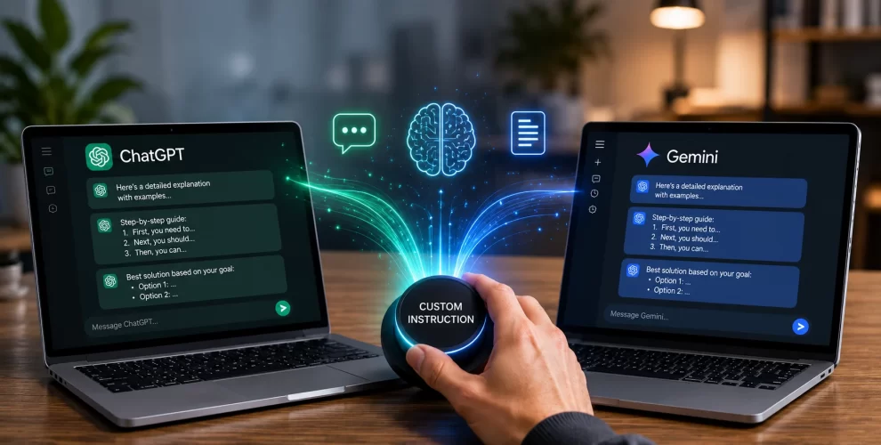 ChatGPT, Gemini, and Claude AI shown with a settings screen highlighting custom instructions for improving AI responses.