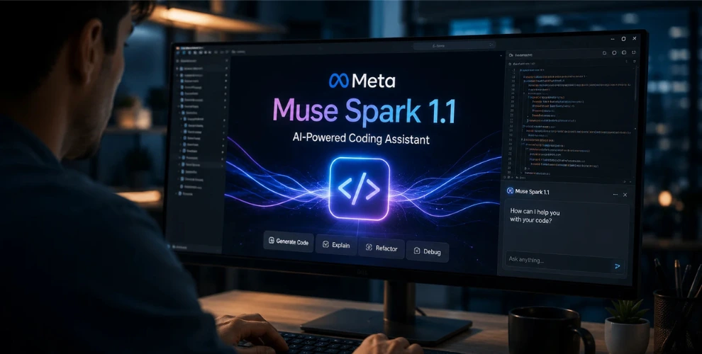 Meta Muse Spark 1.1 AI coding assistant displayed on a computer screen with programming code and development tools.