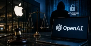 Apple and OpenAI logos displayed with a cybersecurity-themed background representing the legal dispute over alleged confidential data access.