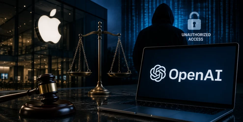 Apple and OpenAI logos displayed with a cybersecurity-themed background representing the legal dispute over alleged confidential data access.