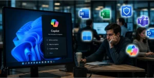 GPT-Live Finally Brings More Natural Voice Conversations to ChatGPT 4 Microsoft Copilot interface displayed on a Windows laptop highlighting AI features and enterprise productivity tools.