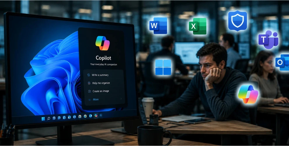 Microsoft Copilot interface displayed on a Windows laptop highlighting AI features and enterprise productivity tools.