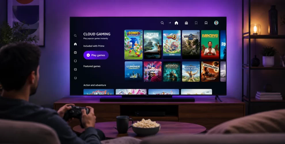 A Fire TV screen displaying the Prime Video interface with a Games section featuring cloud gaming titles powered by Amazon Luna.
