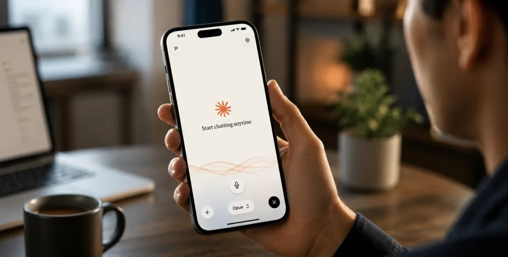 Claude AI voice mode interface showing voice conversation features and integrations with productivity apps like Gmail, Slack, and Google Calendar.