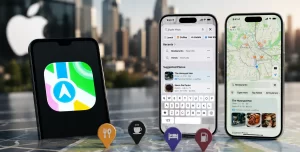 Apple Maps interface highlighting local business listings with the upcoming Apple Maps ads feature.