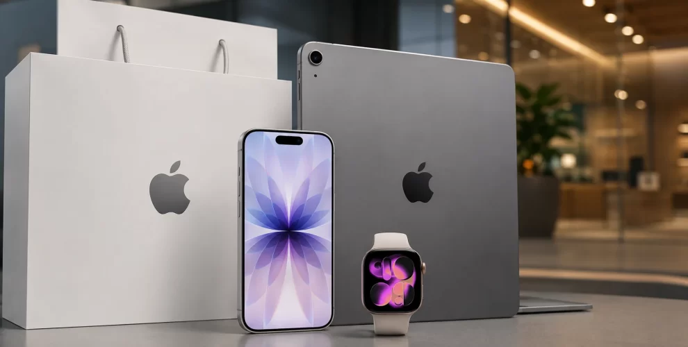 Apple devices including iPhone, Mac, iPad, and Apple Watch displayed with Apple Upgrade Program and Klarna monthly leasing option.