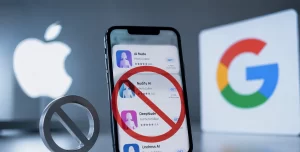 A smartphone displaying app store icons alongside an AI-generated deepfake warning, representing the crackdown on AI nudify apps.