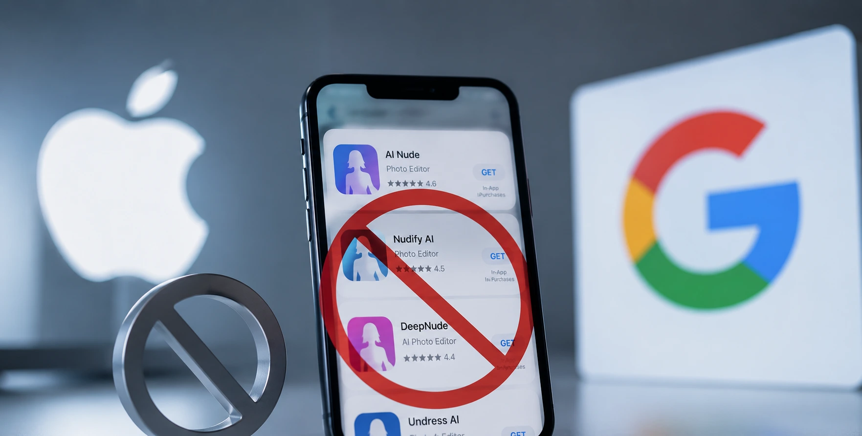 A smartphone displaying app store icons alongside an AI-generated deepfake warning, representing the crackdown on AI nudify apps.
