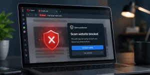 The Future of Cybersecurity: 5 Emerging Trends to Watch 2 A computer displaying the Opera browser with a warning blocking a phishing website, highlighting built-in scam protection and online security.
