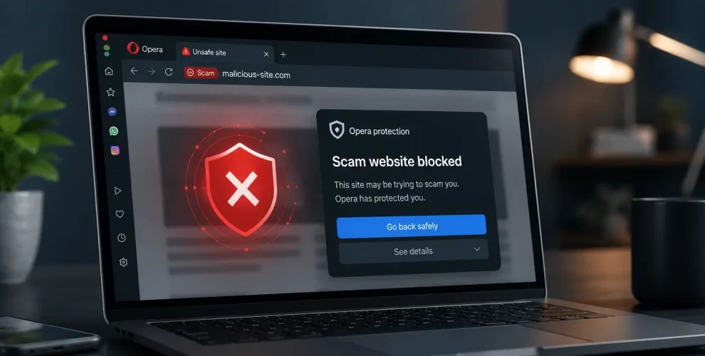 Opera Introduces Built-In Protection Against Online Scam Websites 1 A computer displaying the Opera browser with a warning blocking a phishing website, highlighting built-in scam protection and online security.