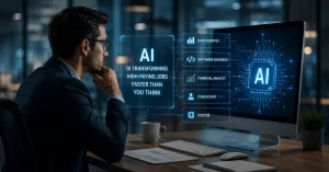 The Future of Cybersecurity: 5 Emerging Trends to Watch 3 Professional employees using AI-powered tools in a modern office, representing the changing future of high-paying jobs.