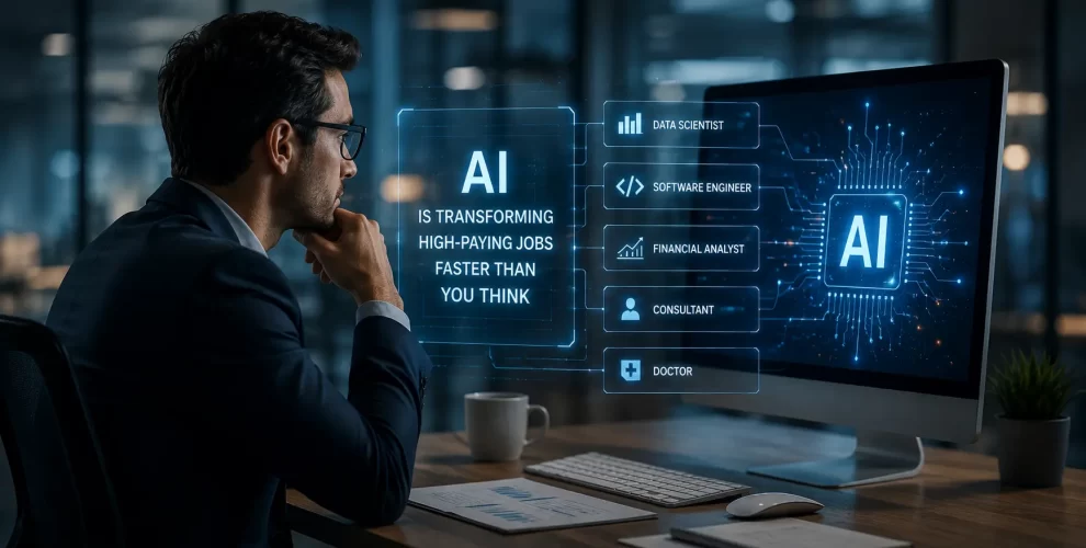 Professional employees using AI-powered tools in a modern office, representing the changing future of high-paying jobs.