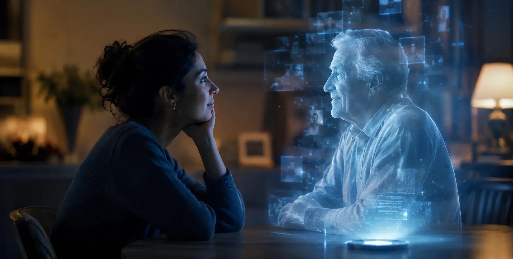 Illustration of a person having a conversation with an AI-generated digital version of a deceased loved one.