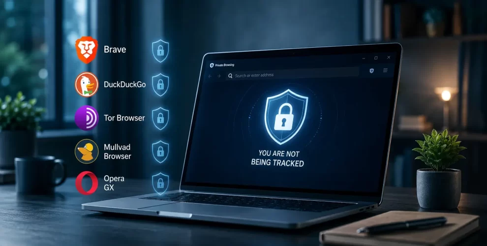 A laptop displaying multiple privacy-focused web browsers with digital shields and tracker-blocking icons representing secure web browsing.