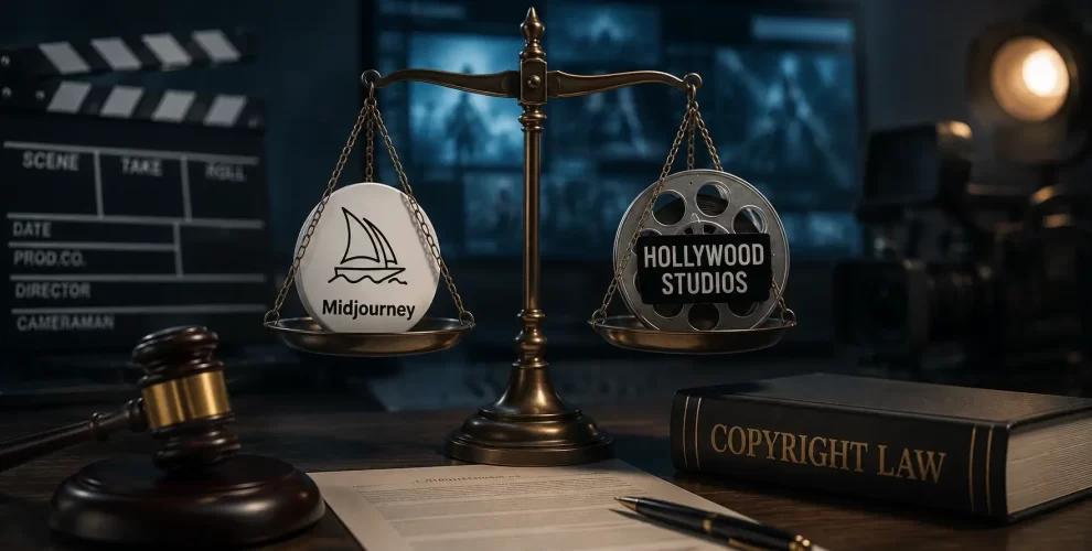 A courtroom illustration featuring film reels and AI-generated artwork, representing the legal dispute between Midjourney and Hollywood studios over AI and copyright.
