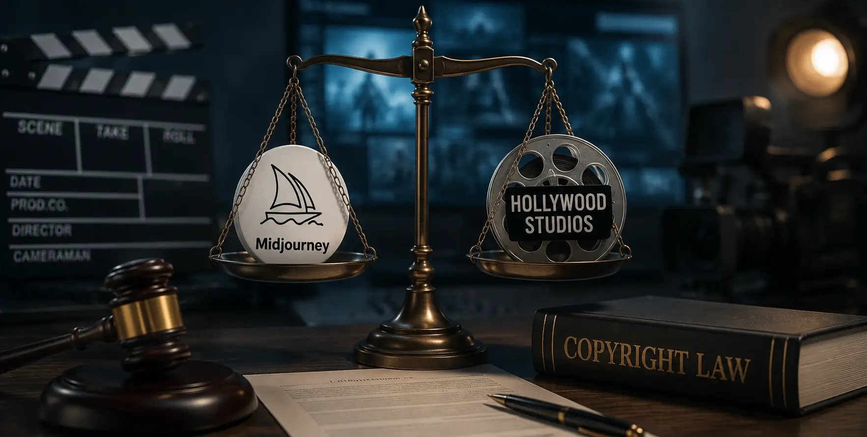 A courtroom illustration featuring film reels and AI-generated artwork, representing the legal dispute between Midjourney and Hollywood studios over AI and copyright.