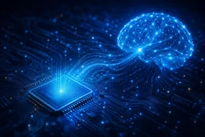 A laptop displaying an AI glossary with simple explanations of common artificial intelligence terms for beginners.