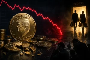 A smartphone displaying the TRUMP memecoin price chart with a downward trend, symbolizing investor losses in the cryptocurrency market.