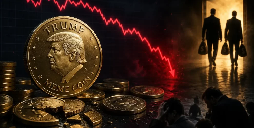 A smartphone displaying the TRUMP memecoin price chart with a downward trend, symbolizing investor losses in the cryptocurrency market.