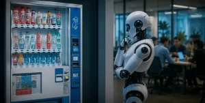 Polar AI Browser Launches to Help Knowledge Workers Automate Daily Tasks 5 Illustration of an AI-powered vending machine with digital business analytics representing Claude Opus 5 participating in an autonomous AI business simulation.