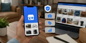 Facebook Marketplace app displaying seller management tools, verification badge, and product listings on a smartphone screen.