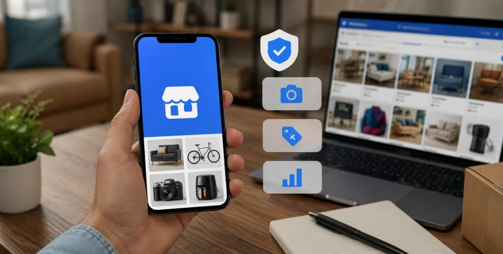 Facebook Marketplace app displaying seller management tools, verification badge, and product listings on a smartphone screen.