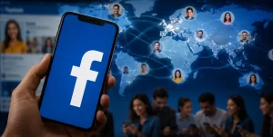 Facebook app displayed on a smartphone highlighting Marketplace, Messenger, and community features used by billions of monthly users.