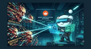 A laptop displaying the Reddit homepage with an AI shield icon, representing AI-powered content detection and moderation.